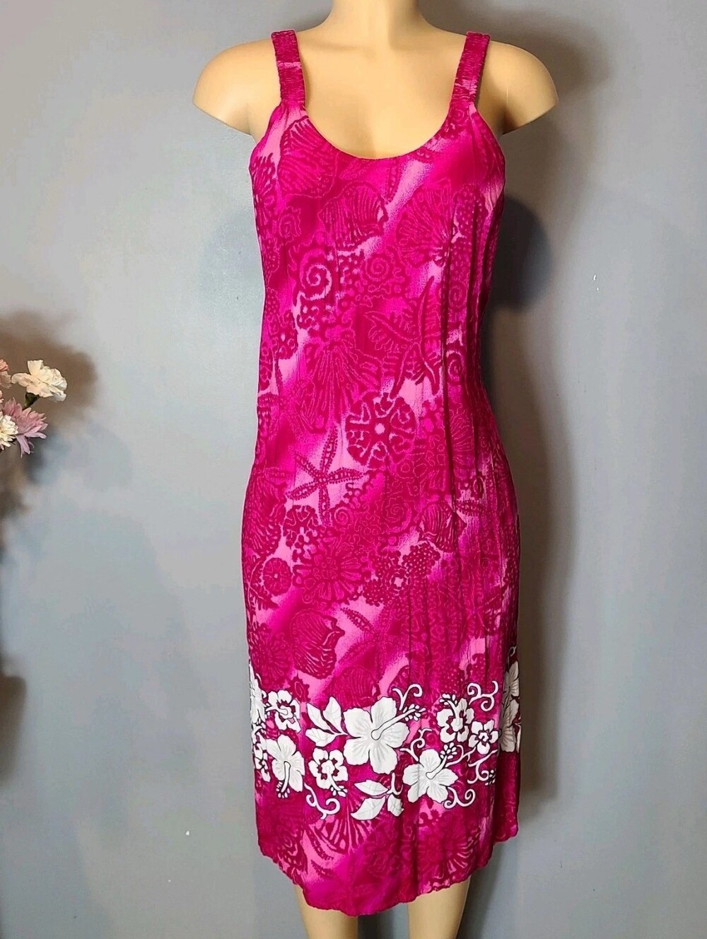 Fuchsia Tropical Print Slip Dress with White Floral Border